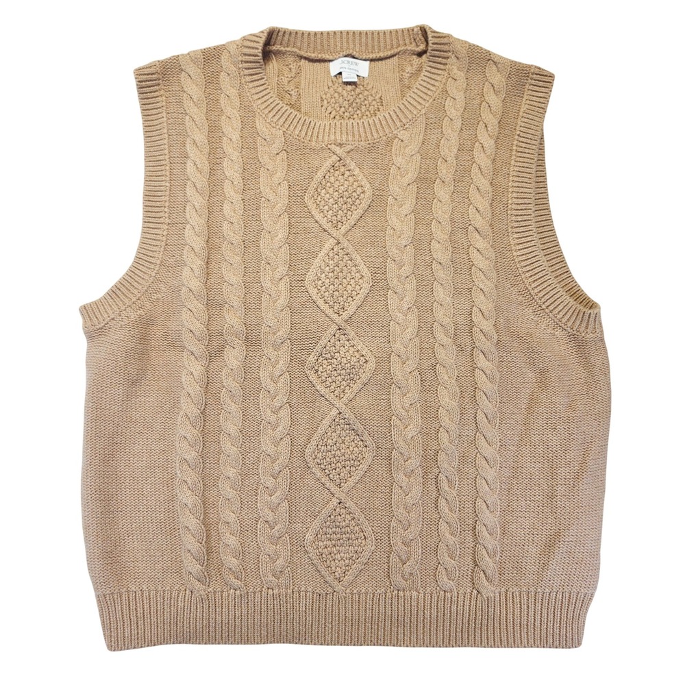 J.Crew Womens XL Tan Camel Brown 100% Cotton Cable Knit Sweater Vest Sleeveless